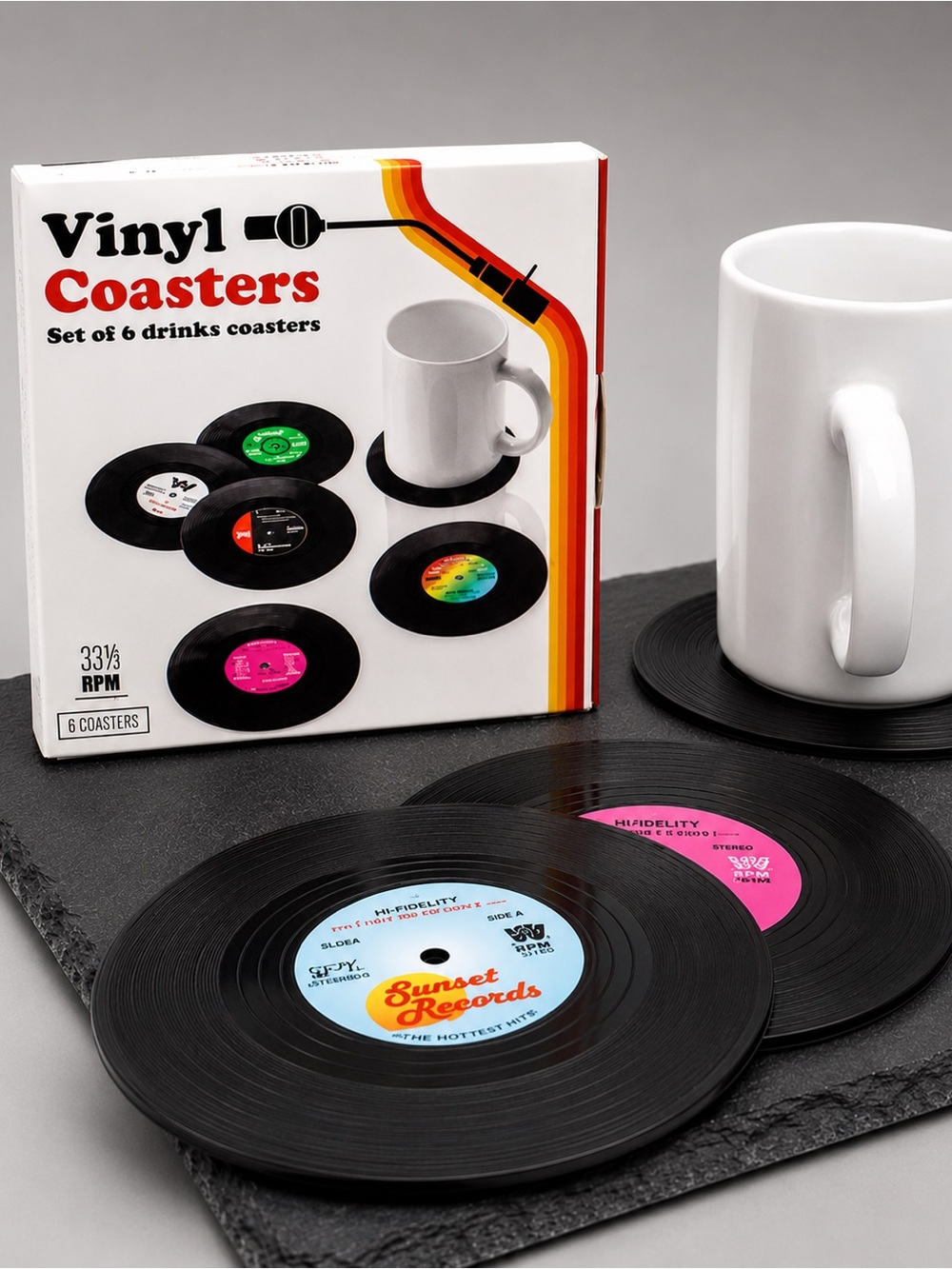 Retro Vinyl Record Coasters Set of 6 -45 RPM Style New - Music Lover Gen X Music
